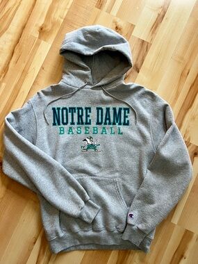 Champion Gray Hoodie with Green Notre Dame Baseball Graphics
